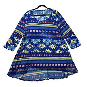 Coco Kelly Tunic Women's 3X Blue Aztec Western Long Sleeve Knit Stretch Blouse
